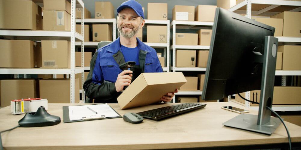 Kurier z paczkami w magazynie