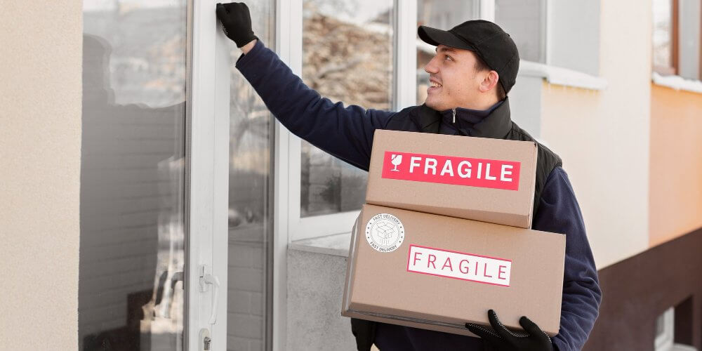 Kurier z paczkami zawierającymi szkło