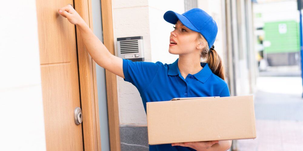 Kurierka czekająca pod drzwiami z przesyłką