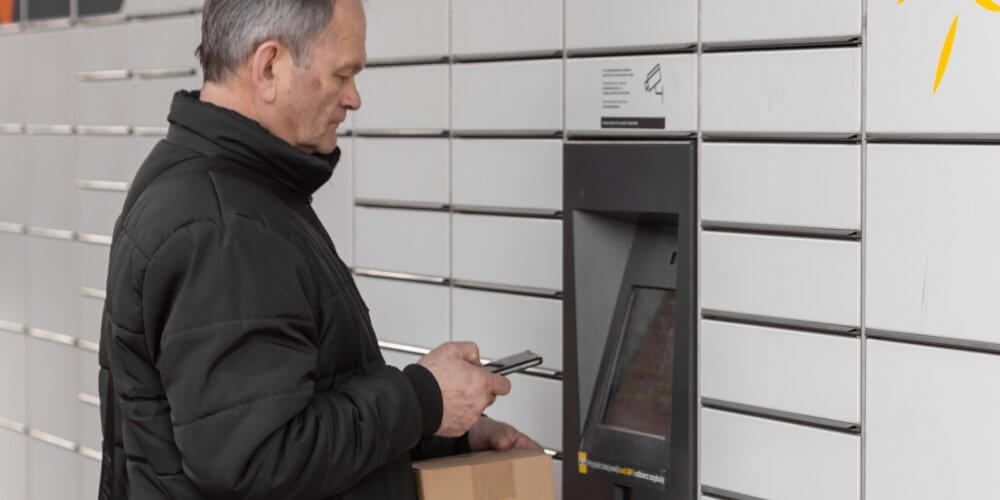 Mężczyzna nadający paczkę w paczkomacie Inpost