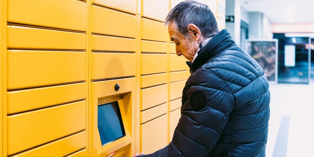 Mężczyzna skanujący kod QR w celu odbioru paczki w automacie